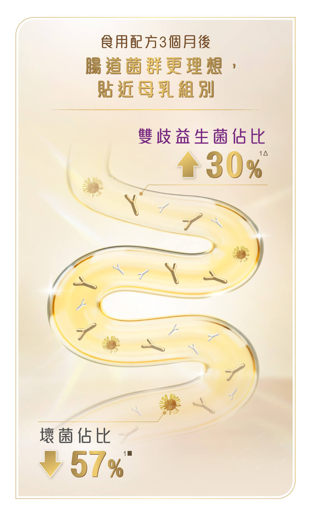 科研實證,「免疫加乘组合」可增加寶寶雙歧益菌佔比30%及減少壞菌佔比57%,令腸道菌群貼近理想水平,更貼近母乳組別。
